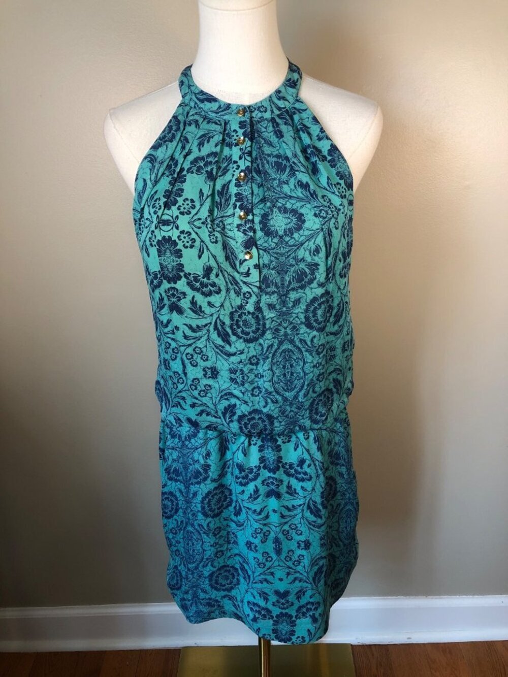 Ali Ro Silk Blouson Halter Teal Dress Boho Resort Wear Luxury Size 0